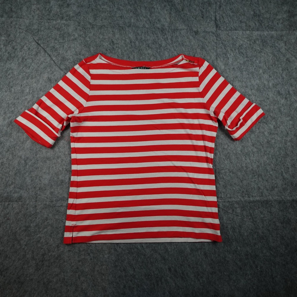 Ralph Lauren Top Women Large Red Stripe Boatneck Shoulder Zip Cotton Half Sleeve